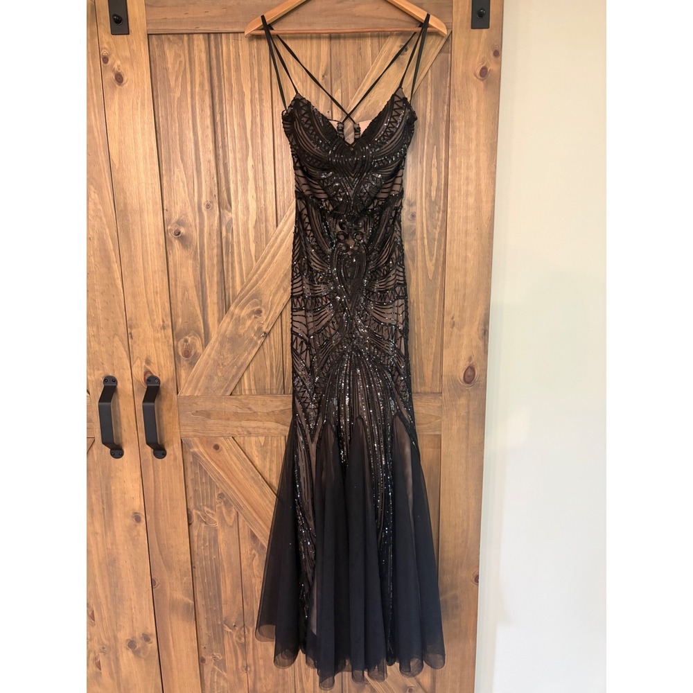 Windsor Black Sequin Art Deco Mermaid Gown Open Back Formal Prom Dress Small - Picture 1 of 4
